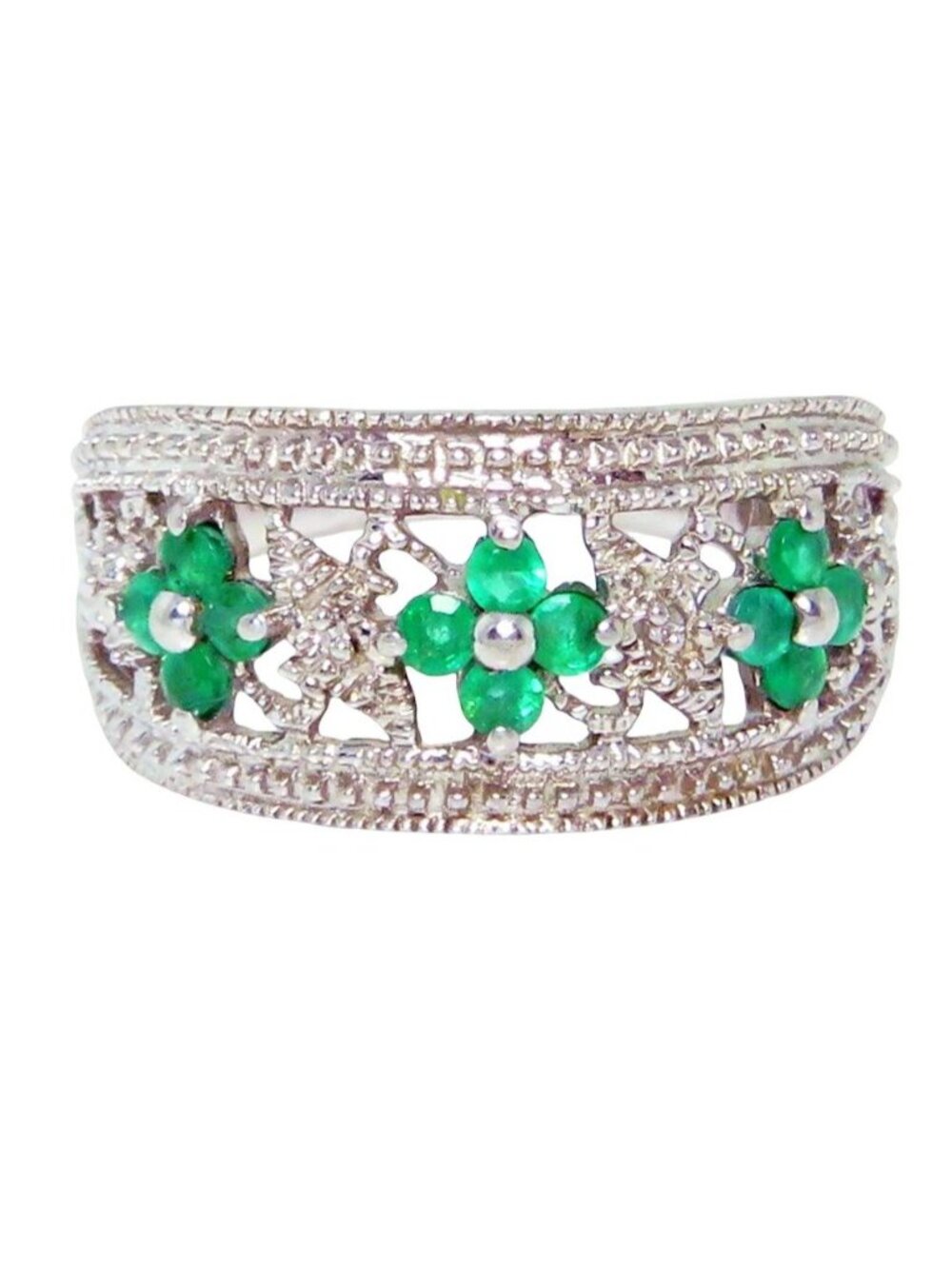 Vintage Sterling Silver Colombian Emerald & Diamond Filigree Ring w/Flowers Sz 6